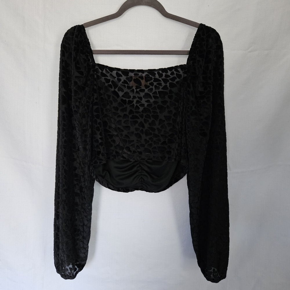 Audrey Parks Black Velvet Heart Mesh Ruched Crop Top XL Long Sleeve Romantc Goth - Picture 2 of 6